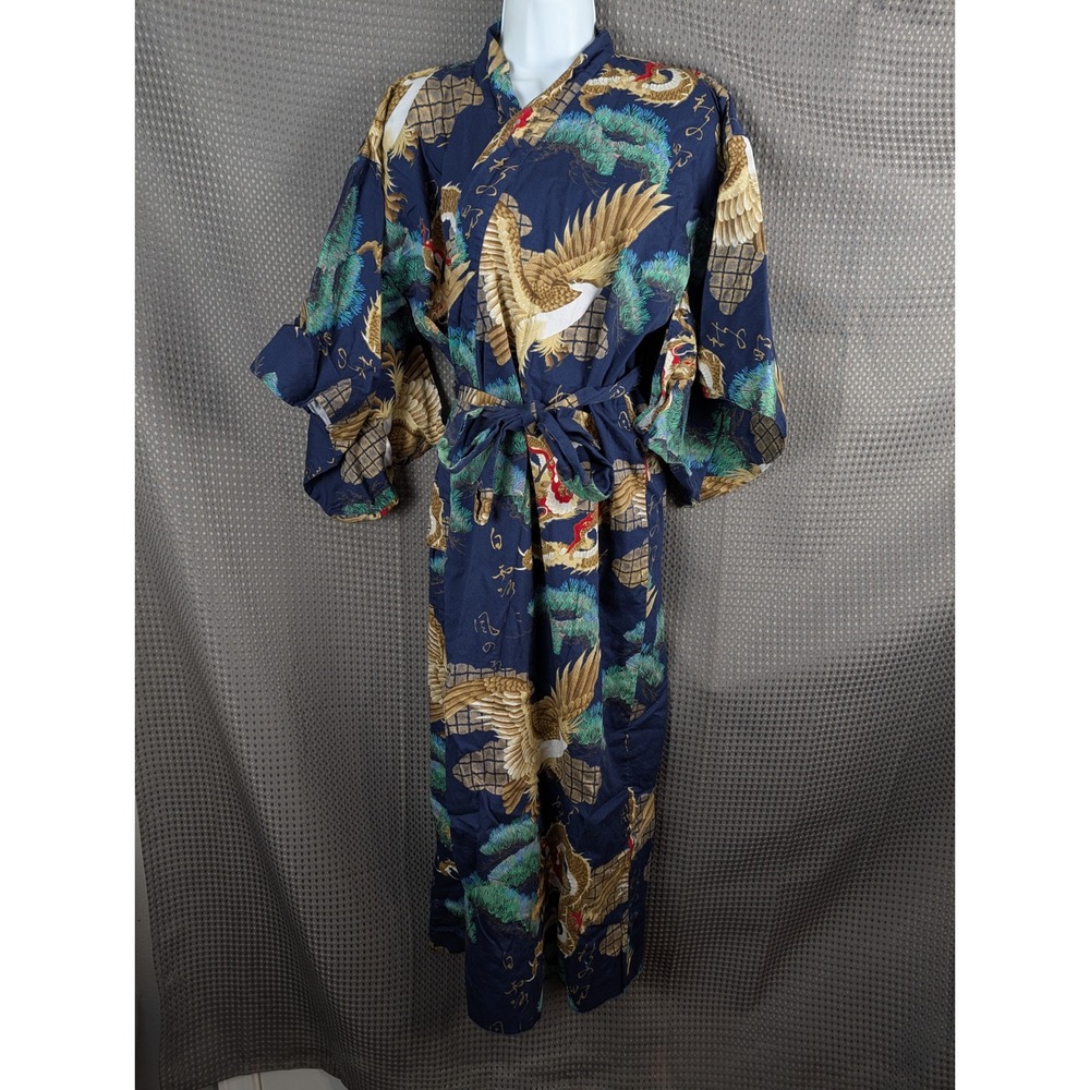 Smithsonian Institution Japanese Yukata Robe XL Dragon Crane Navy Made in Japan